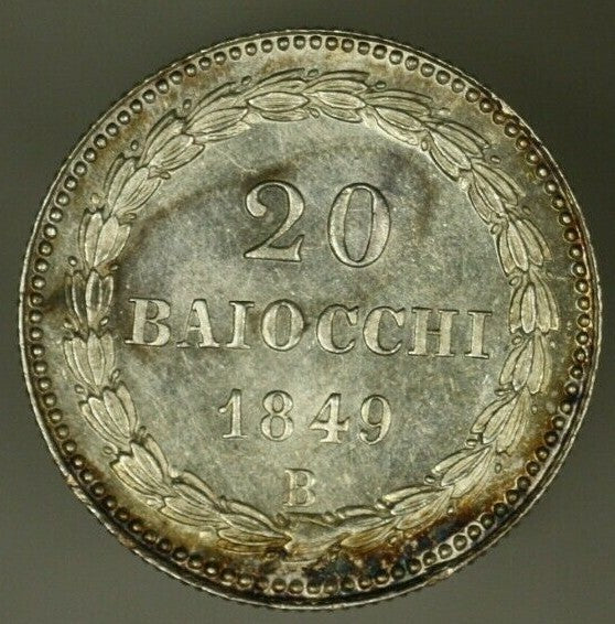 Papal States Silver 20 Baiocchi 1849-B  Pius IX - Anno III  Prooflike UNC  A2138