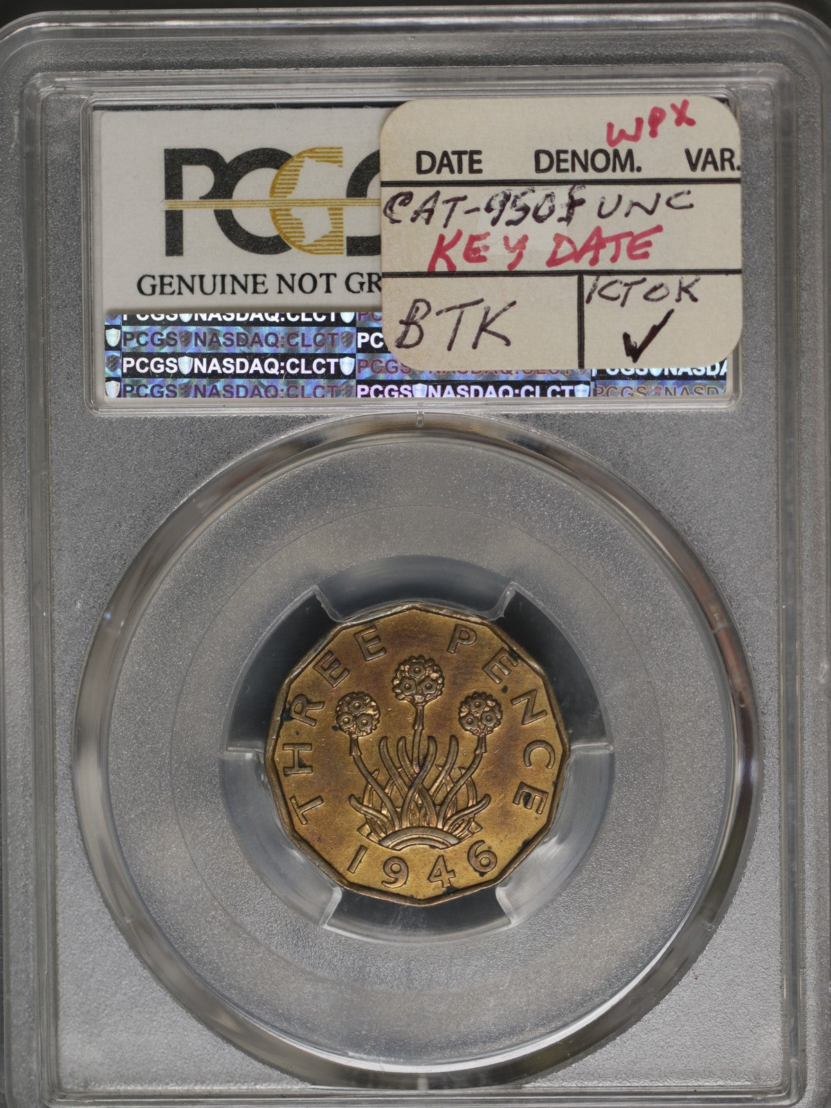 Great Britain 1946 3 Pence K-849 PCGS AU Details Cleaning Key Date
