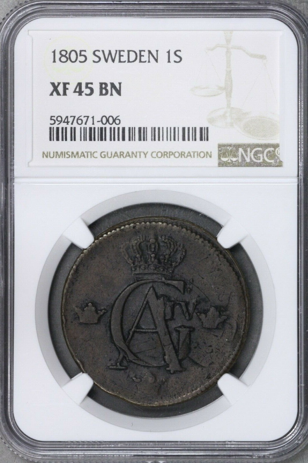 Sweden 1805 1 Skilling NGC XF 45 BN (175? 2 Ore Legible Date)   S717