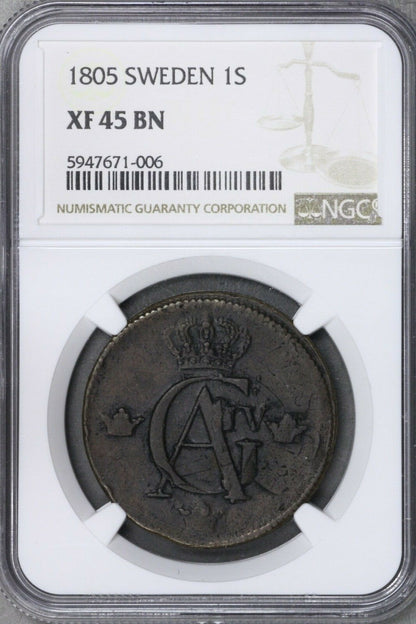 Sweden 1805 1 Skilling NGC XF 45 BN (175? 2 Ore Legible Date)   S717