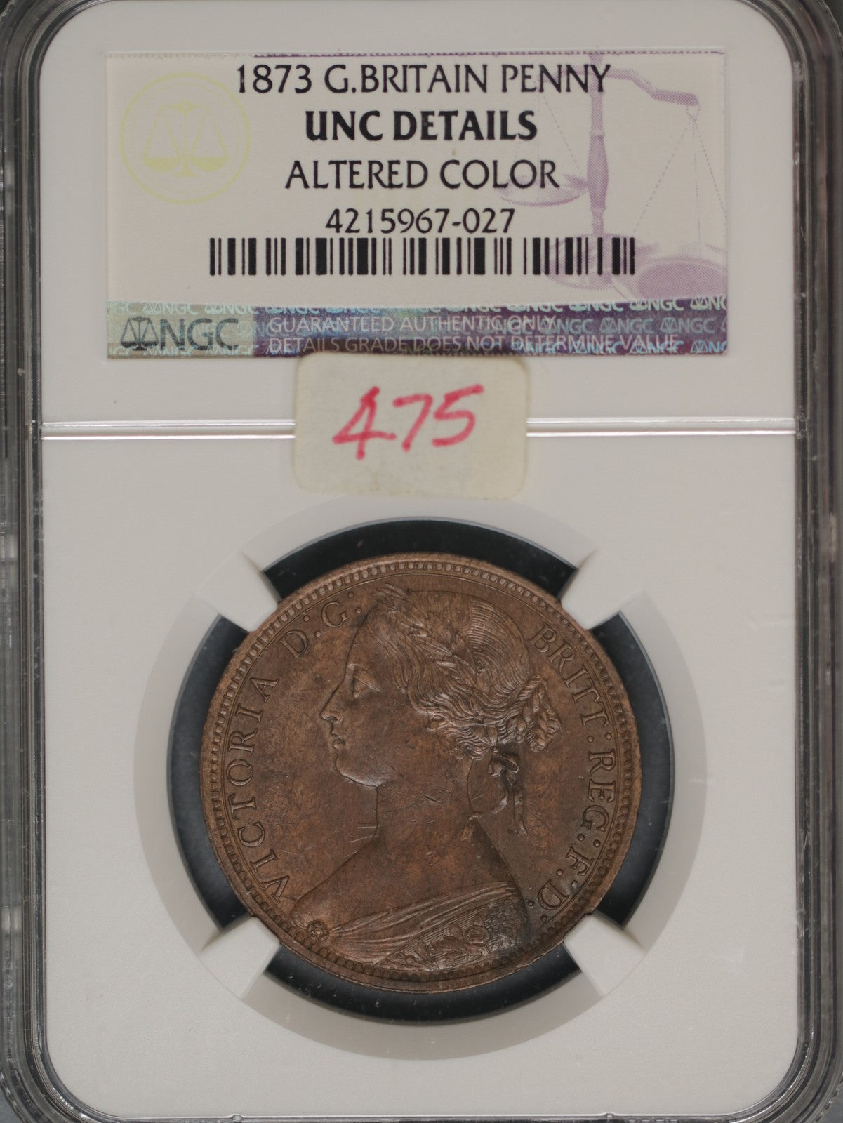 Great Britain 1873 Penny K-749.2 NGC UNC Details Altered Color