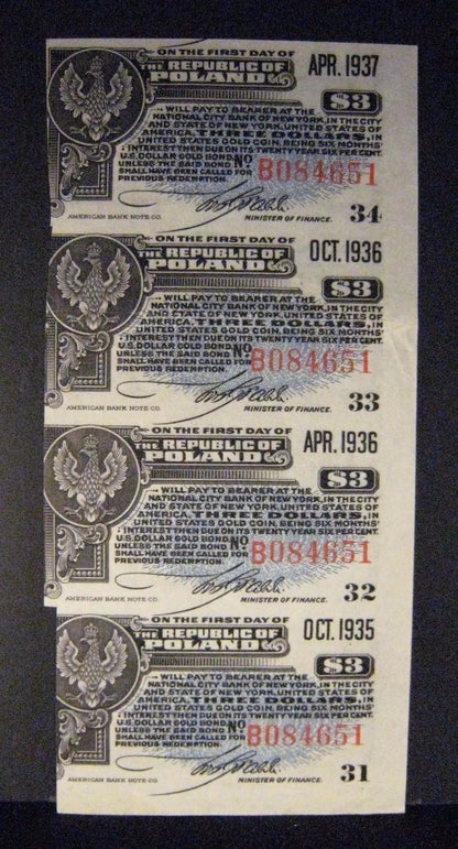 1935-1936 Poland, Republic of, $3 Bond Interest Coupons