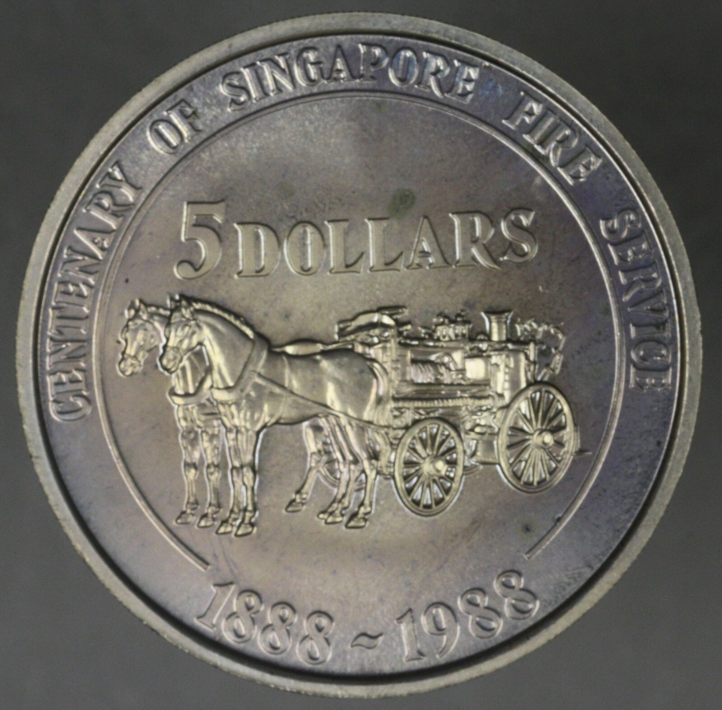 Singapore 1988 $5 Uncirculated Fire Service Centennial Coin Proof RARE   B206