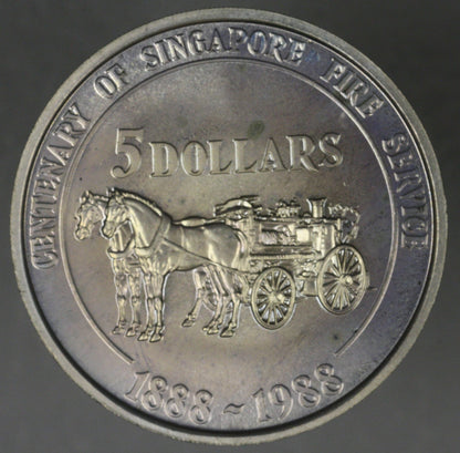 Singapore 1988 $5 Uncirculated Fire Service Centennial Coin Proof RARE   B206