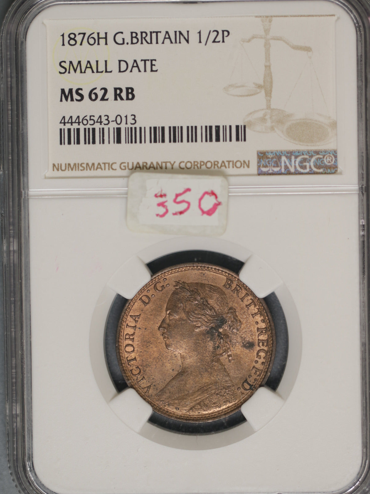 Great Britain 1876H 1/2 Penny K-754 NGC MS62 RB SMALL DATE