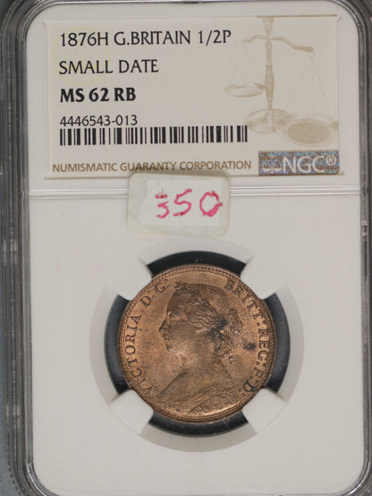 Great Britain 1876H 1/2 Penny K-754 NGC MS62 RB SMALL DATE