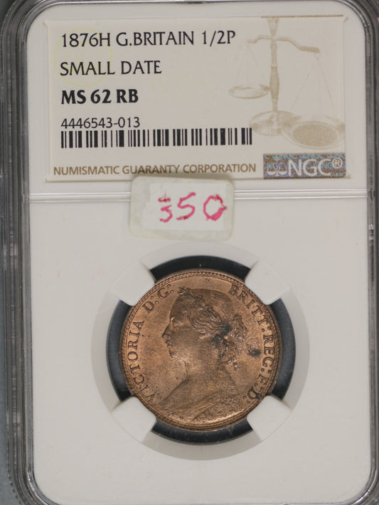 Great Britain 1876H 1/2 Penny K-754 NGC MS62 RB SMALL DATE
