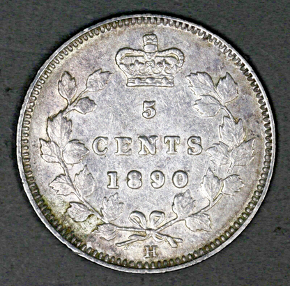 Canada 1890H Silver 5 Cents XF Old Light Cleaning  A3178