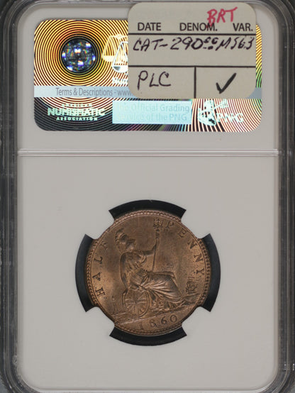 Great Britain 1860 1/2 Penny K-748.2 NGC MS63 RB Beaded