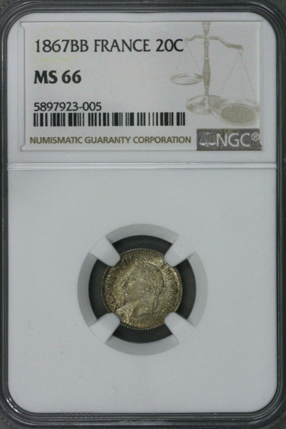 France 1867 BB 20 Centimes  NGC MS 66    S280