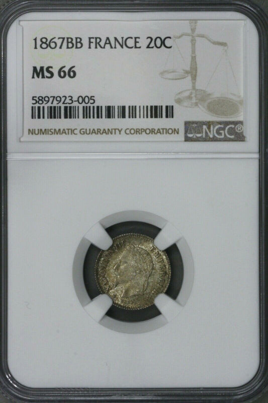 France 1867 BB 20 Centimes  NGC MS 66    S280