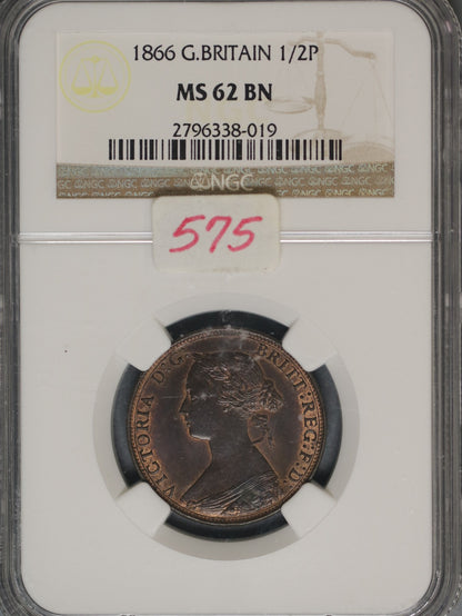 Great Britain 1866 1/2 Penny K-748.2 NGC MS62 BN