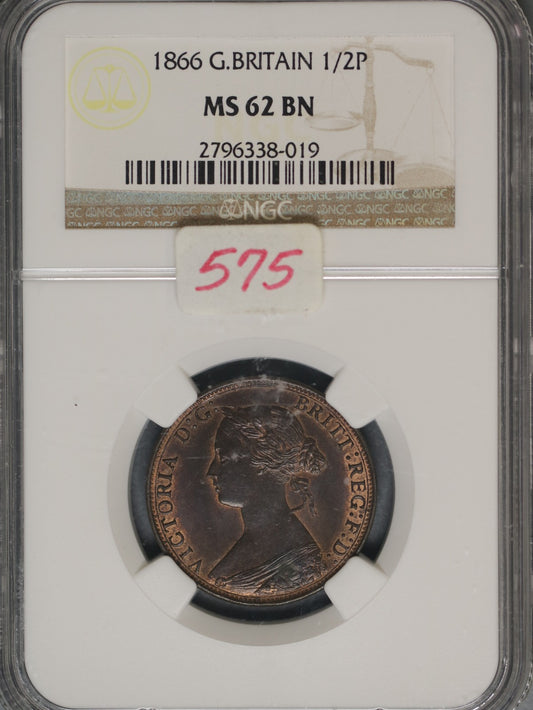 Great Britain 1866 1/2 Penny K-748.2 NGC MS62 BN