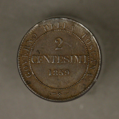 Italy Tuscany 1859 2 Centesimi AU light bend