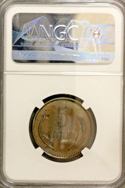 Denmark 1884 CS 5 Ore  NGC MS 63 BN