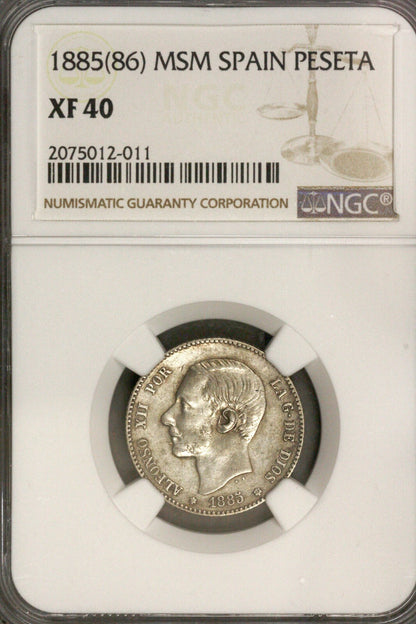 Spain 1885 (86) MSM Silver Peseta  NGC XF 40