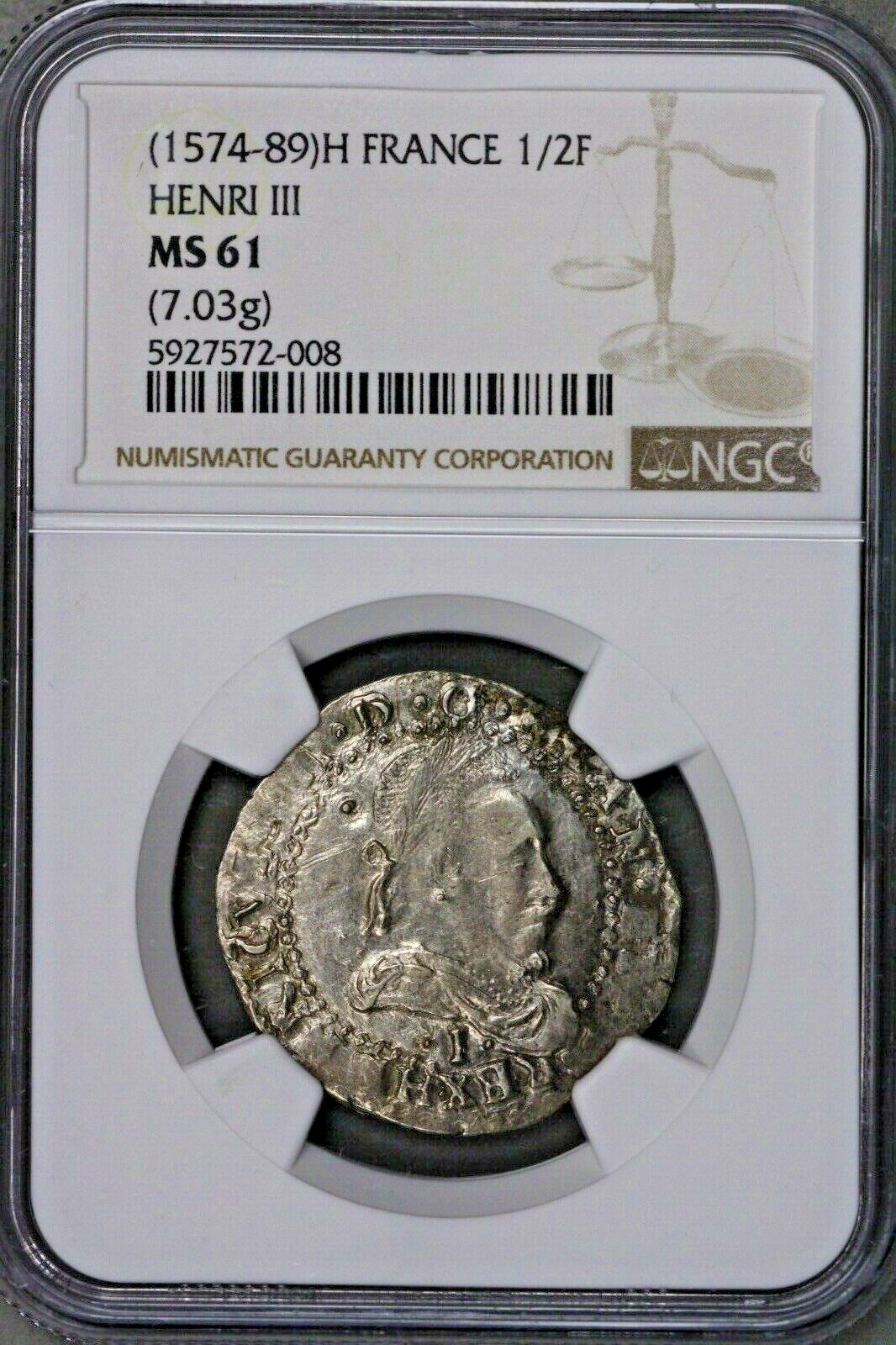 France 1574-1589 H 1/2 Franc Henri III Top Pop 1/10 NGC MS 61   S403