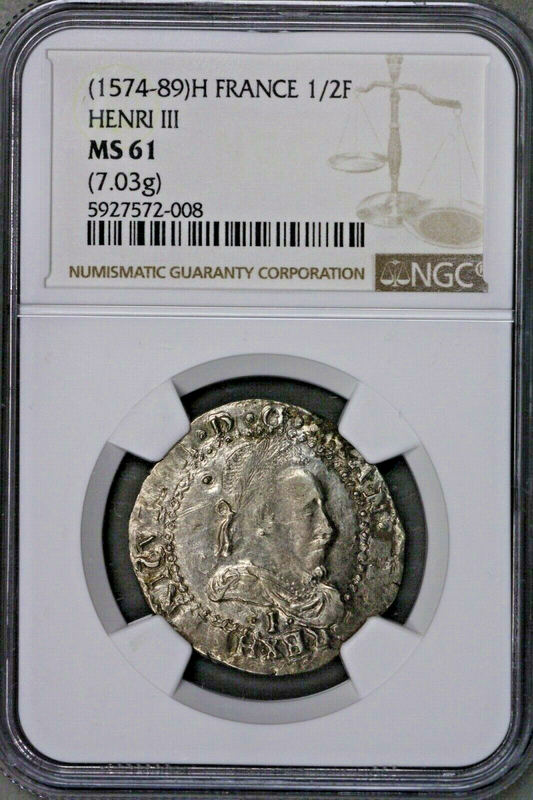 France 1574-1589 H 1/2 Franc Henri III Top Pop 1/10 NGC MS 61   S403