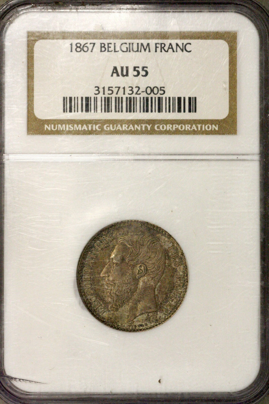 Belgium 1867 Franc   NGC AU 55
