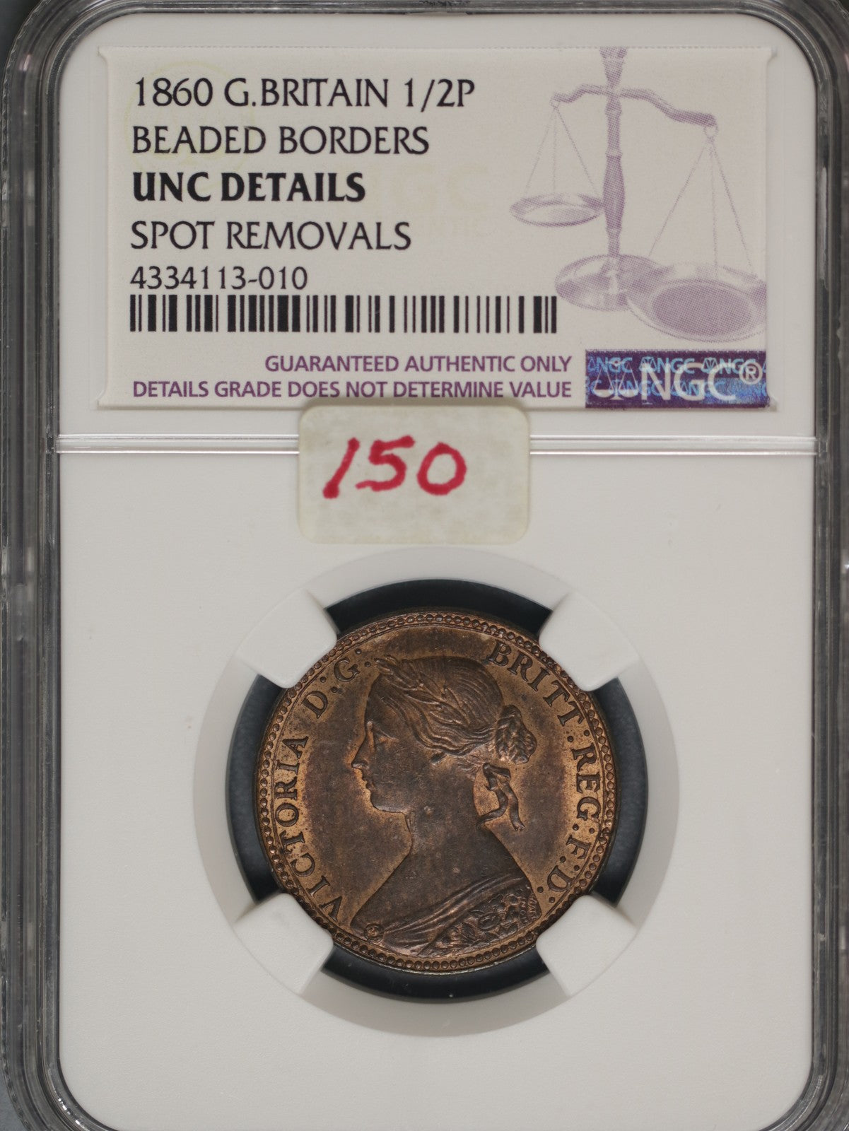 Great Britain 1860 1/2 Penny K-748.2 NGC UNC DETAILS Spot Removal Beaded