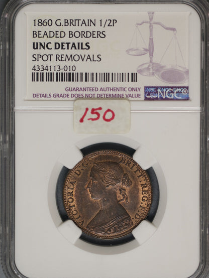Great Britain 1860 1/2 Penny K-748.2 NGC UNC DETAILS Spot Removal Beaded