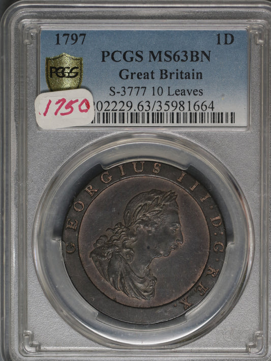 Great Britain 1797 Penny S-3777 PCGS MS63 BN 10 LEAVES