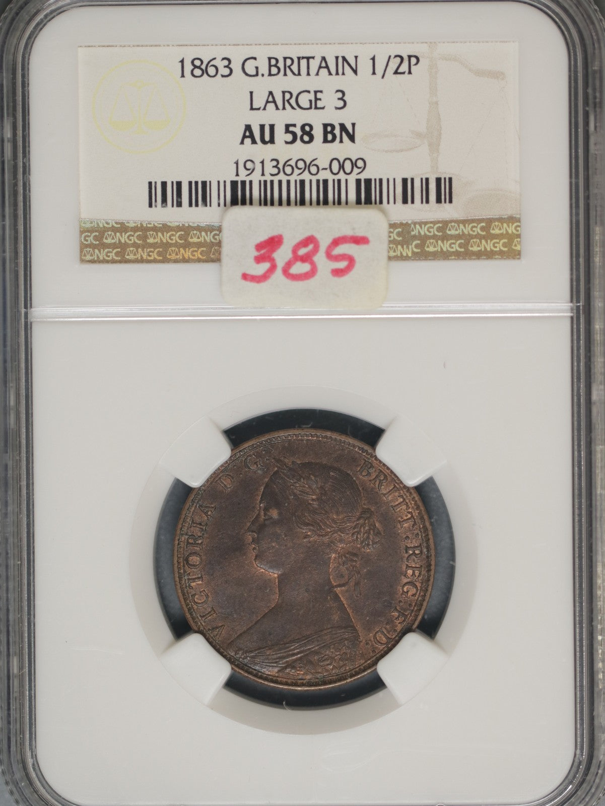 Great Britain 1863 1/2 Penny K-748.2 NGC AU58 BN LARGE 3