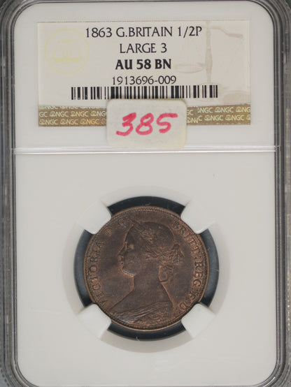 Great Britain 1863 1/2 Penny K-748.2 NGC AU58 BN LARGE 3