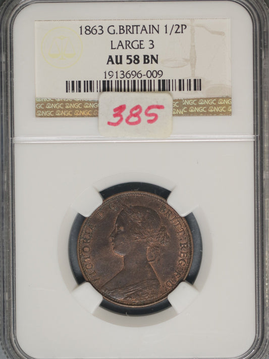 Great Britain 1863 1/2 Penny K-748.2 NGC AU58 BN LARGE 3