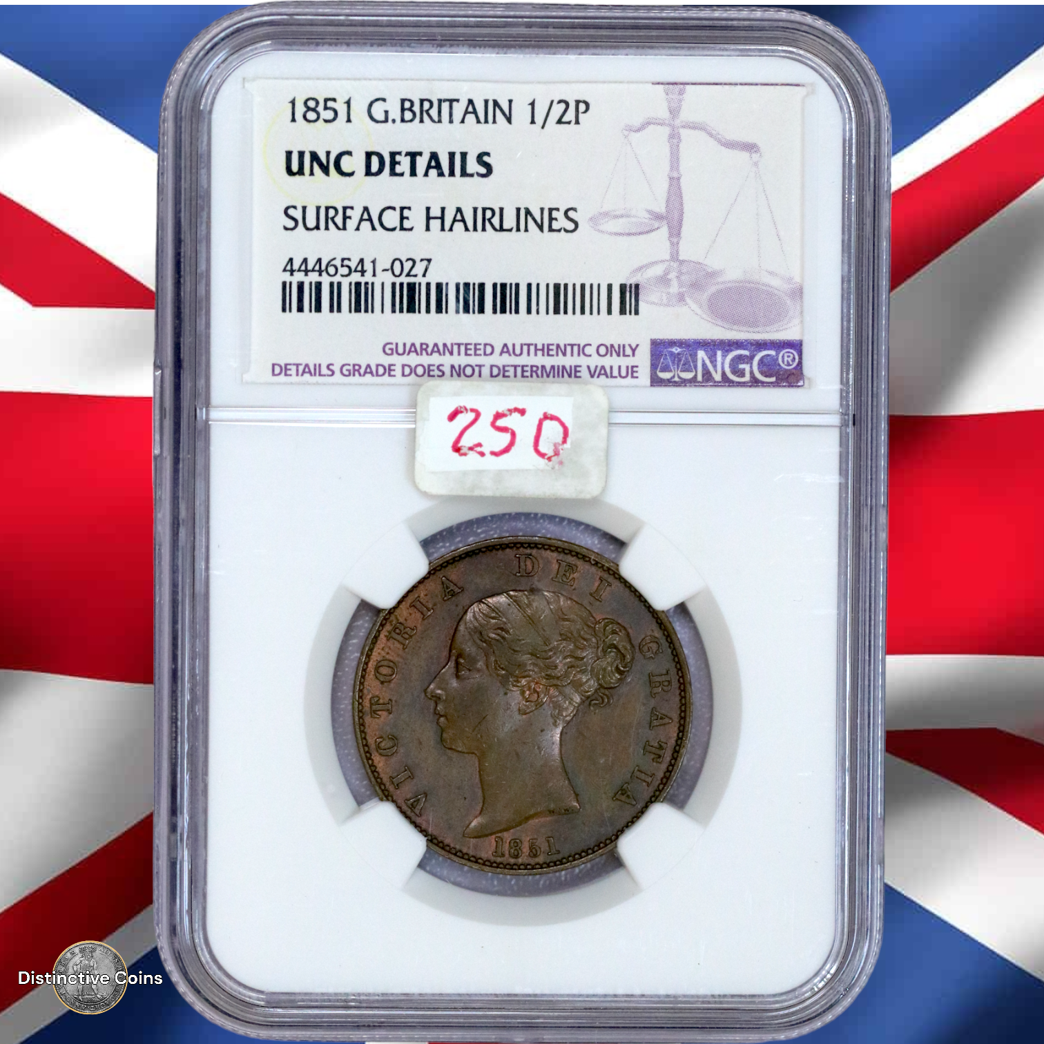 Great Britain 1851 1/2 Penny NGC Unc details - GBS067