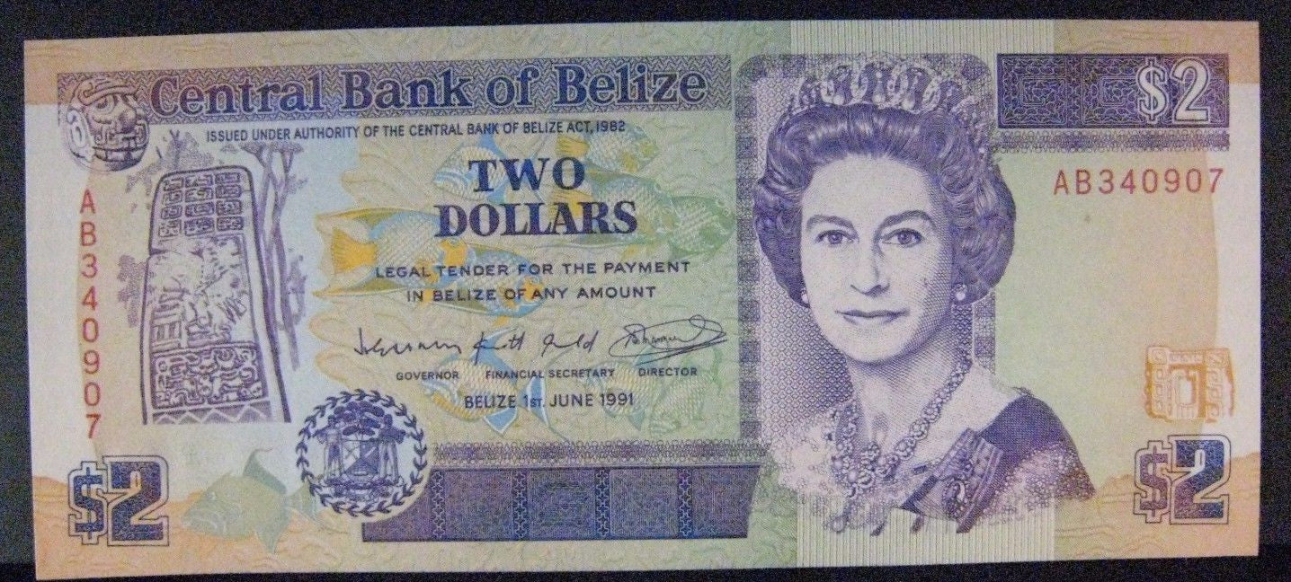 1991 Belize, Central Bank of, $2 Dollars, Unc. Note Nice