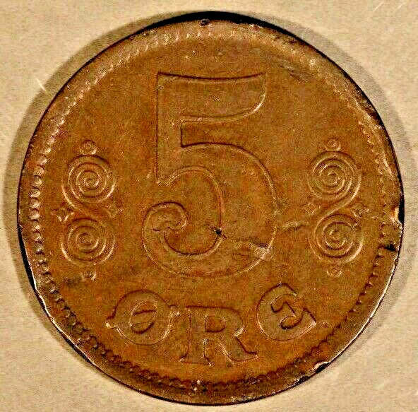 1917 Denmark 5 Ore, Lite Scratches, Dings    