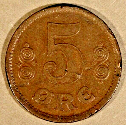 1917 Denmark 5 Ore, Lite Scratches, Dings    