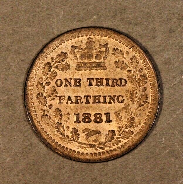 1881 Great Britain 1/3 Farthing, Red Brown Colors  Nice
