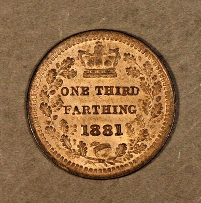 1881 Great Britain 1/3 Farthing, Red Brown Colors  Nice