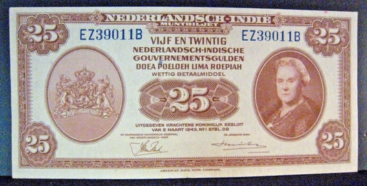 1943 Netherlands Indies 25 Gulden Bank Note High Grade