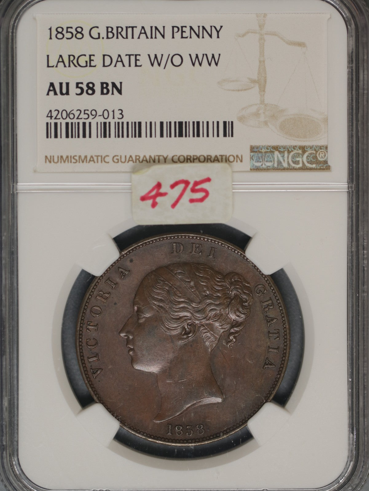 Great Britain 1858 Penny K-739 NGC AU58 BN LARGE DATE W/O WW