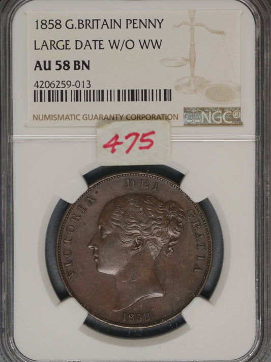 Great Britain 1858 Penny K-739 NGC AU58 BN LARGE DATE W/O WW