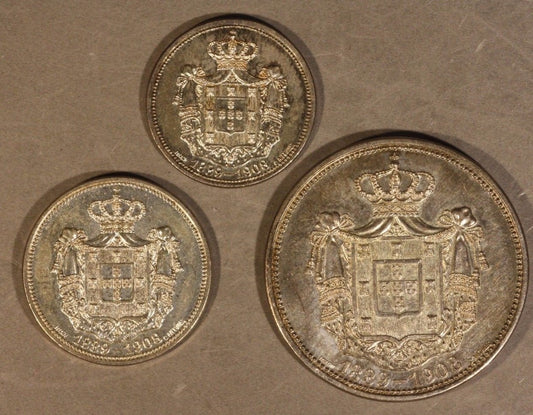 1889-1908 Portugal Set of 3 Silver Medals King Carlos/Amelia 