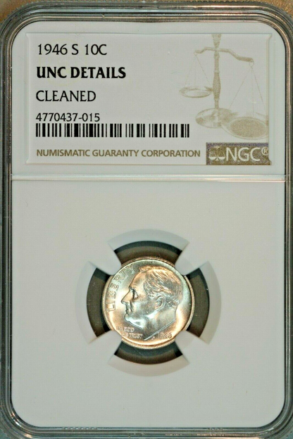 1946 S Roosevelt Dime NGC Unc Details Cleaned (Very Faint Lines from old Wipe)