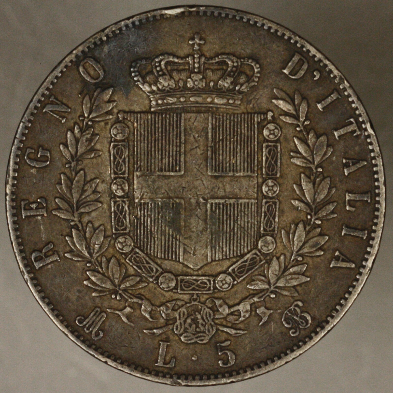 Italy 1871 M 5 Lire toned dark XF