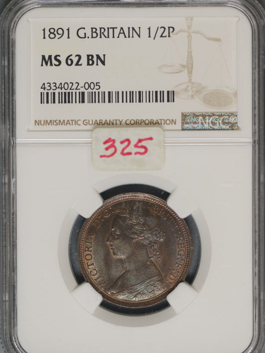 Great Britain 1891 1/2 Penny K-754 NGC MS62 BN