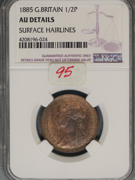 Great Britain 1885 1/2 Penny K-754 NGC AU DETAILS SURFACE HAIRLINES