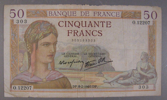 1940 France, Bank of, 50 Francs Rough Edges  