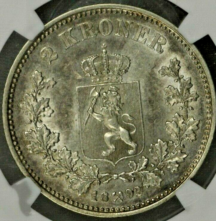 Norway 2 Kroner 1892 NGC AU55   Top Pop!!!   Next Closest is VF !! RARE !!  S182