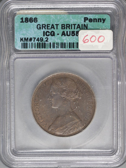 Great Britain 1866 Penny K-749.2 ICG AU55 BN