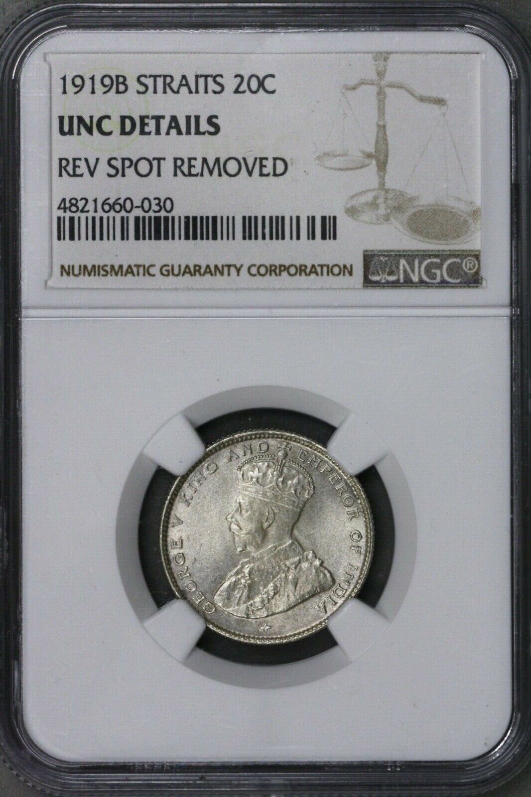 Straits Settlements 1919B 20 Cents NGC UNC Details Rev Spot Removed   S715