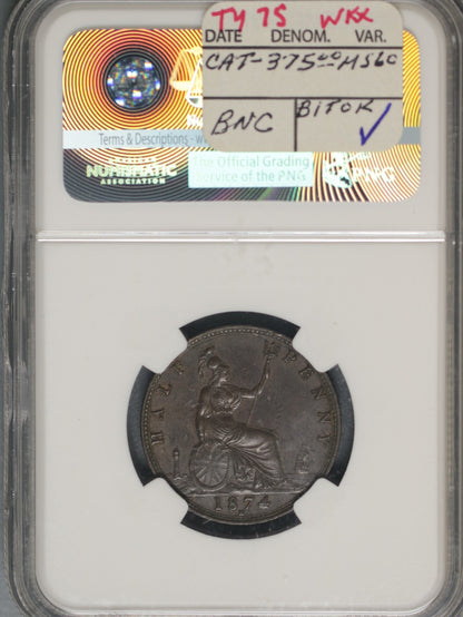 Great Britain 1874H 1/2 Penny K-754 NGC AU58 BN