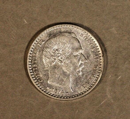 1874 CS Denmark 25 Ore Silver Lite Circulation Nice   