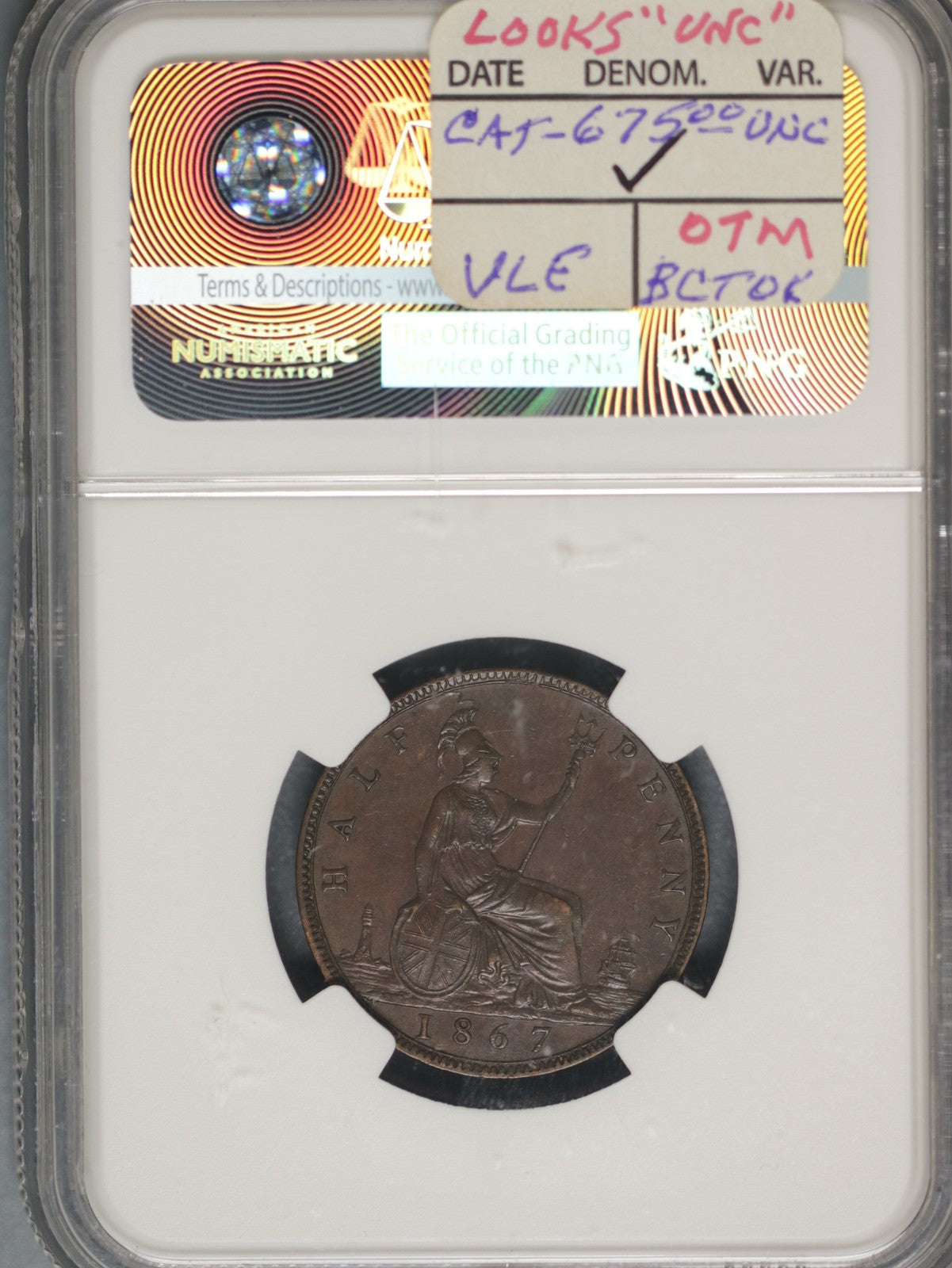 Great Britain 1867 1/2 Penny K-748.2 NGC AU58 BN